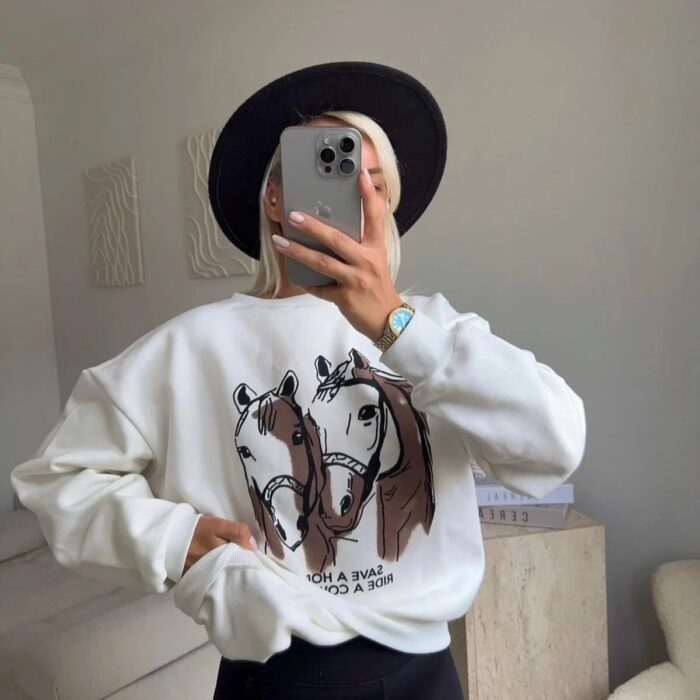 Women’s Heavy Cotton Fleece Horse Print Sweatshirt – Made in Turkey (S–XXL)